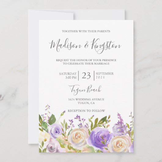 Champagne White Rose Lila Blumen Elegante Hochzeit Einladung (Vorderseite)