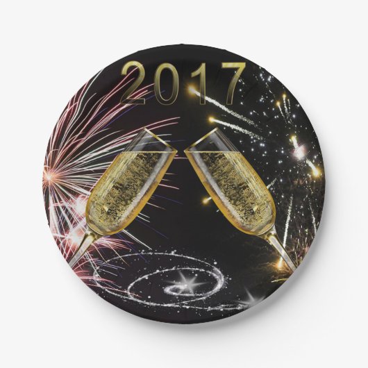 Champagnegläser 2017 und -Feuerwerke Pappteller (Vorderseite)