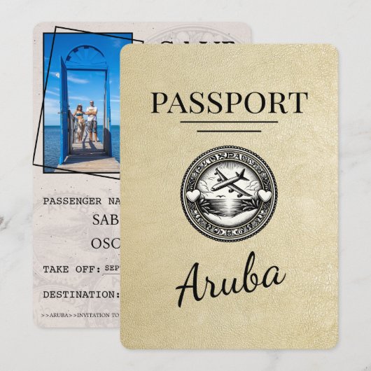 Champagner Aruba Reisepass Save The Date (Vorne/Hinten)