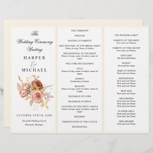 Champagner Blume Tri-Fold Hochzeitsprogramm (Vorne/Hinten)