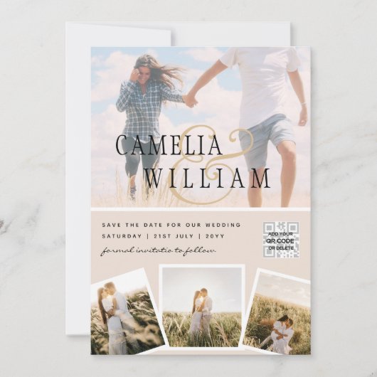 Champagner Blush FOTO Wedding Einladung QR Code (Vorderseite)