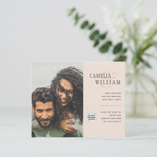 Champagner Blush FOTO Wedding Einladung QR Code (Stehend Vorderseite)