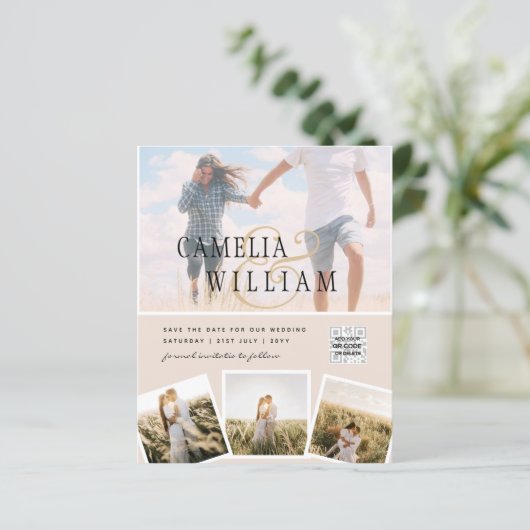 Champagner Blush FOTO Wedding Einladung QR Code (Stehend Vorderseite)