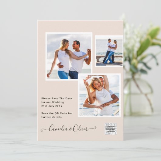 Champagner Blush FOTO Wedding Einladung QR Code (Stehend Vorderseite)