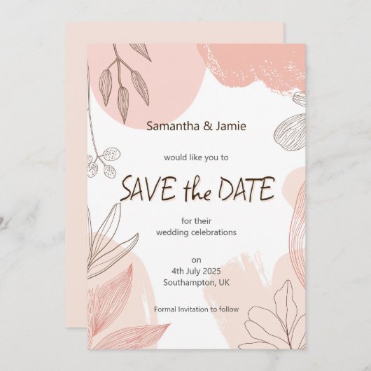 Champagner Blush Pink Hand gezeichnet Blumensaver Save The Date (Vorne/Hinten)