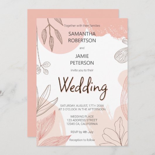 Champagner Blush Pink - Hand gezeichnete Blumenzan Einladung (Vorne/Hinten)