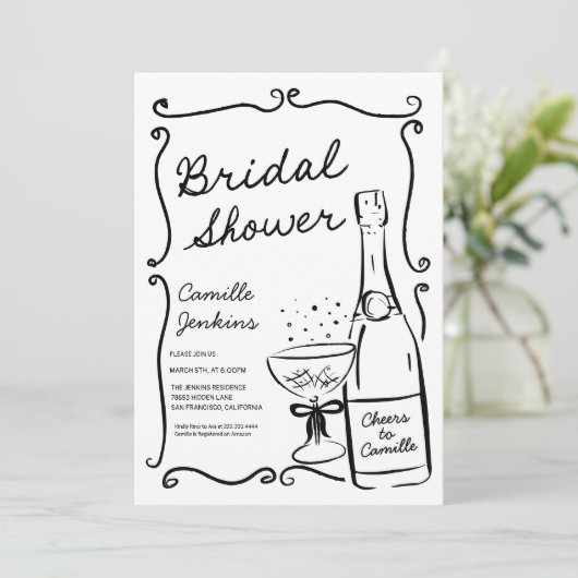Champagner Brautparty Handgezeichnete Einladung (Stehend Vorderseite)