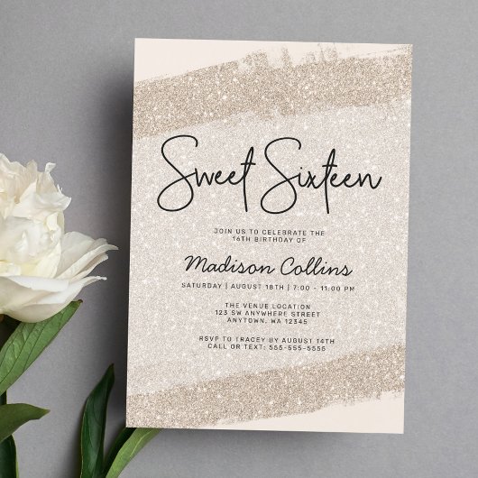 Champagner Brush Glitzer Sweet 16 Einladung