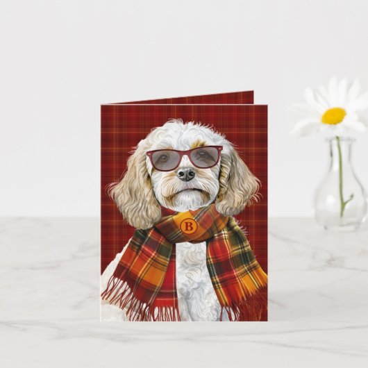 Champagner Cockapoo Hund Wein Kariert Monogrammier Karte (Kleine Pflanze)