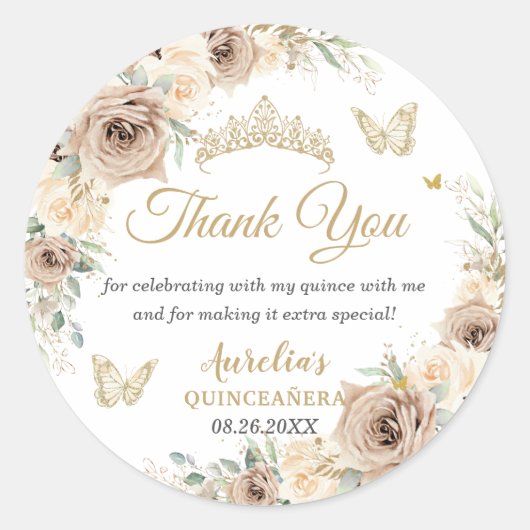 Champagner Cream Beige Floral Quinceñera Süße 16 Runder Aufkleber (Vorderseite)