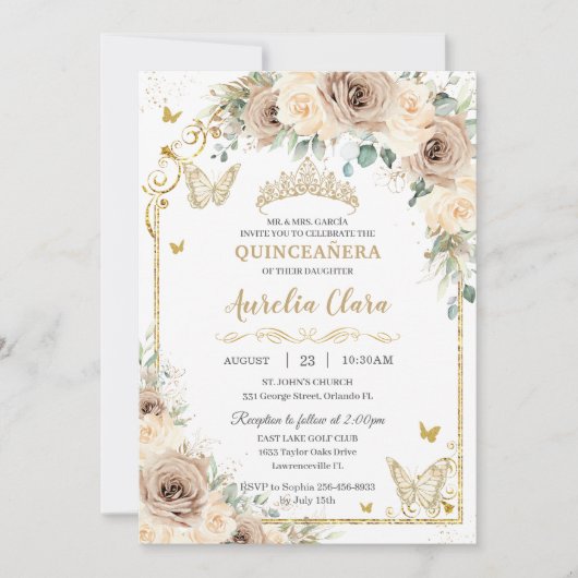 Champagner Cream Floral Sweet 16 Quinceañera Foto Einladung (Vorderseite)