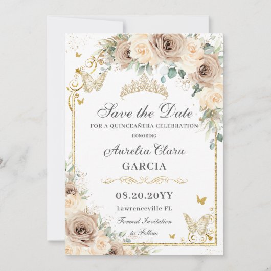 Champagner Cream Floral Sweet 16 Quinceañera Foto Save The Date (Vorderseite)