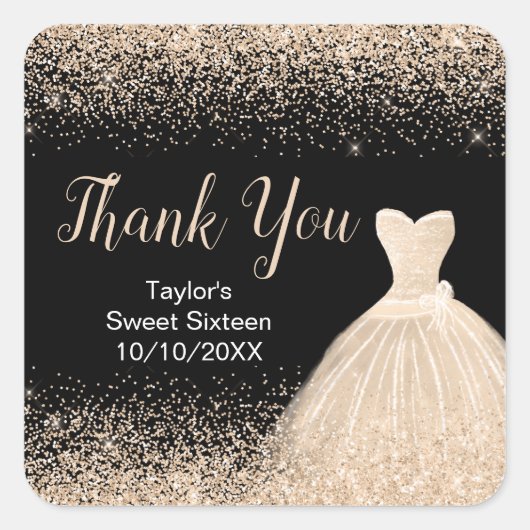 Champagner Dress Imitate Glitzer Sweet 16 Birthday Quadratischer Aufkleber (Vorderseite)
