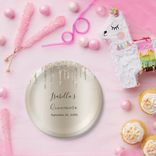 Champagner Dripping Glitzer Elegante Quinceanera Pappteller (Party)