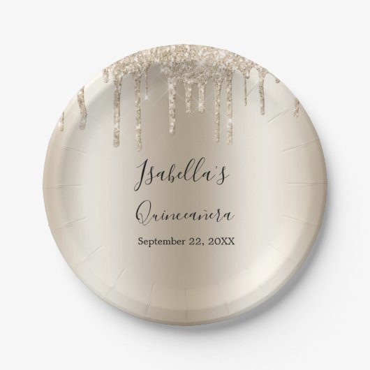 Champagner Dripping Glitzer Elegante Quinceanera Pappteller (Vorderseite)