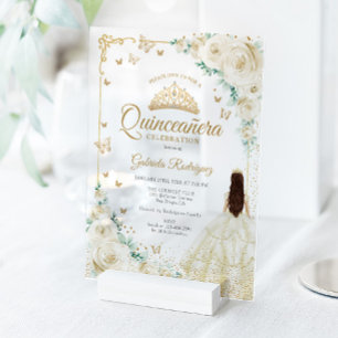 Champagner Elfenbein Aquarell-Rosen Gold Quinceane Acryleinladungen