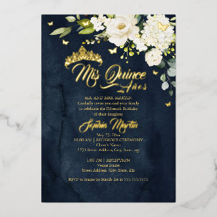 Champagner Floral Navy Gold Mis Quince Quinceanera Folieneinladung