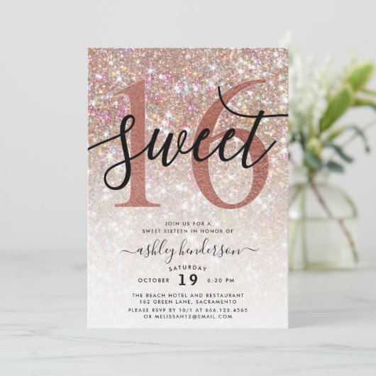 Champagner-Funkelnd Champagner-Glitzer 16 . Geburt Einladung (Stehend Vorderseite)