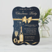 Champagner Glass Flasche, Gold Bow Weihnachts-Part Einladung (Stehend Vorderseite)