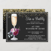 Champagner Glass Gold Schwarz Neujahr Einladung (Vorne/Hinten)