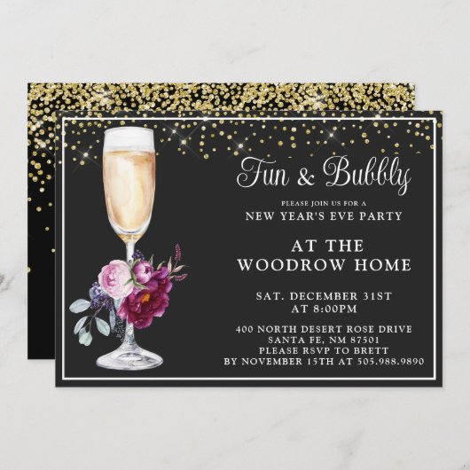 Champagner Glass Gold Schwarz Neujahr Einladung (Vorne/Hinten)