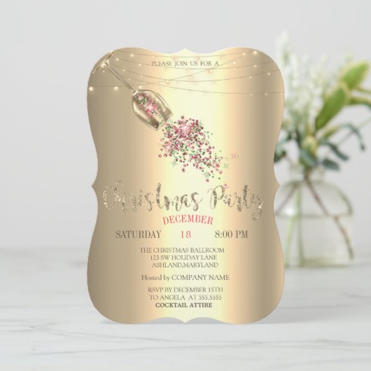 Champagner Glass, Lights Gold Christmas Company Einladung (Stehend Vorderseite)