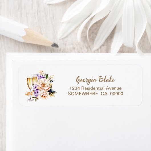 Champagner Glass Peach Floral Return Address Label (Insitu)