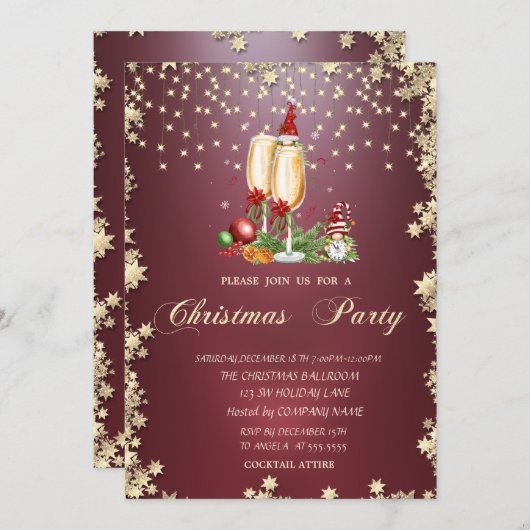 Champagner Glass, Stars Gnomes Weihnachtsgebäck Pa Einladung (Vorne/Hinten)