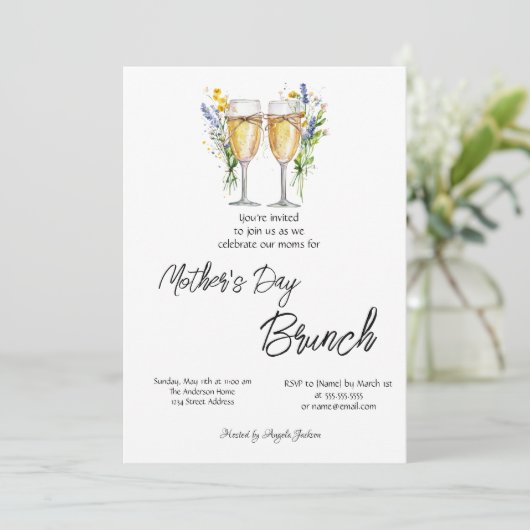 Champagner Glass Wildblume Muttertag Brunch Einladung (Stehend Vorderseite)