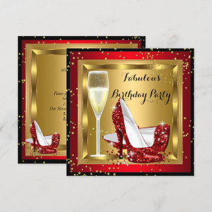 Champagner Glitter High Heels Rot Geburtstagsfeier Einladung