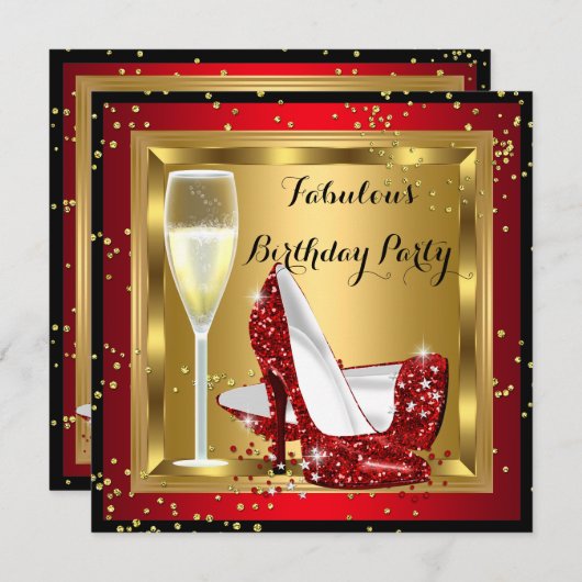 Champagner Glitzer High Heels Red Birthday Party Einladung (Vorne/Hinten)