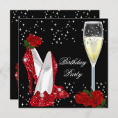 Champagner Glitzer High Heels Rote Rose Party Einladung (Vorne/Hinten)