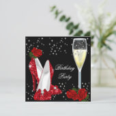 Champagner Glitzer High Heels Rote Rose Party Einladung (Stehend Vorderseite)