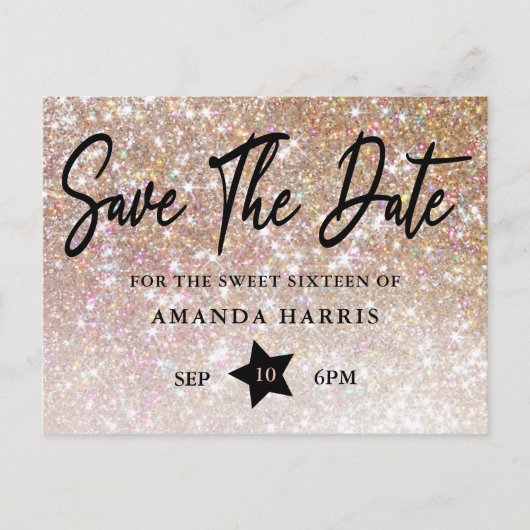 Champagner Glitzer Sweet 16 Save the Date Postkarte (Vorderseite)