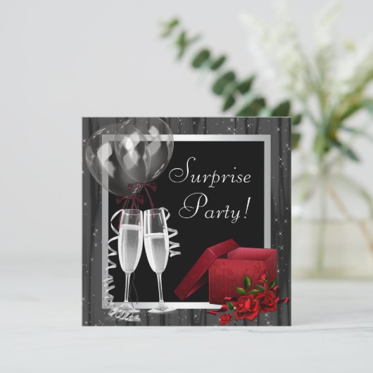 Champagner-Glitzern Schwarz-weißes Überraschungs-P Einladung (Stehend Vorderseite)