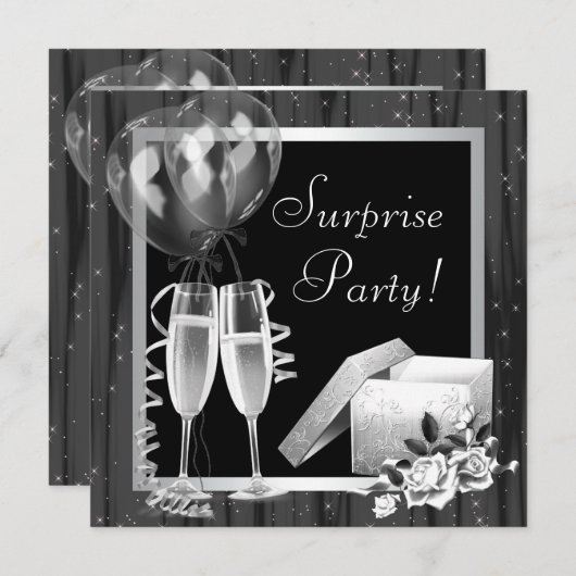 Champagner-Glitzern Schwarz-weißes Überraschungs-P Einladung (Vorne/Hinten)