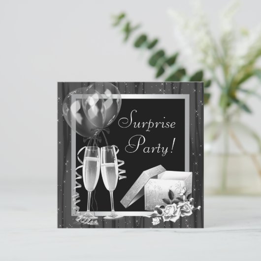 Champagner-Glitzern Schwarz-weißes Überraschungs-P Einladung (Stehend Vorderseite)