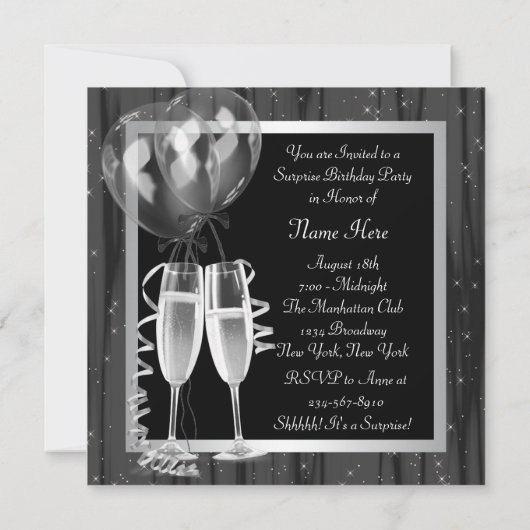 Champagner-Glitzern Schwarz-weißes Überraschungs-P Einladung (Rückseite)