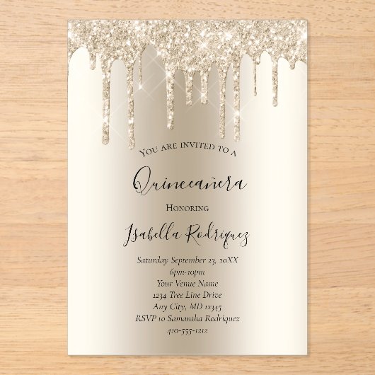 Champagner Gold Driving Glitzer Quinceanera Acryleinladungen (Vorderseite)
