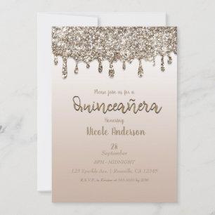 Champagner Gold Glitter Tropf Glam Quinceañera 15 Einladung