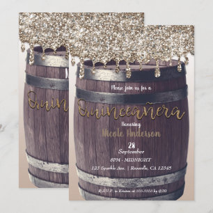 Champagner-Gold-Glitter-Tropf-Rustikale Quinceañer Einladung