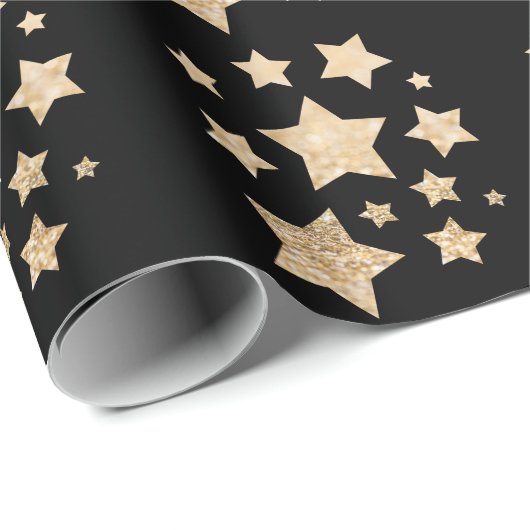 Champagner Gold Glitzer funkeln Sternenmuster schw Geschenkpapier (Rolleneckpunkt)