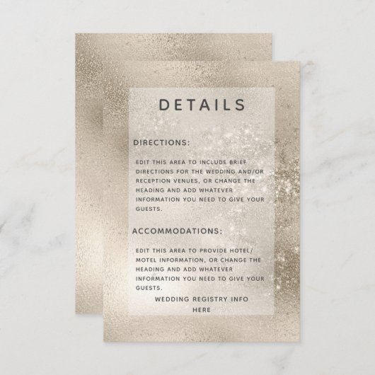 Champagner Gold Glitzer Moderne Hochzeitsdetails Begleitkarte (Vorne/Hinten)