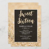 Champagner Gold Glitzern Sweet 16 elegante Schrift Einladung (Vorne/Hinten)