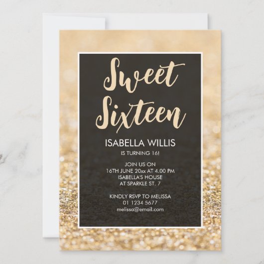 Champagner Gold Glitzern Sweet 16 elegante Schrift Einladung (Vorderseite)