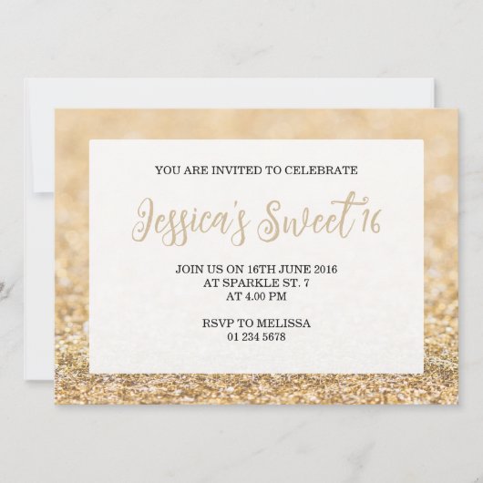Champagner Gold Glitzern Sweet 16 elegante Schrift Einladung (Vorderseite)