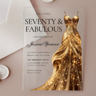 Champagner-Gold-Kleid 70 & Fabulous 70. Geburtstag Acryleinladungen