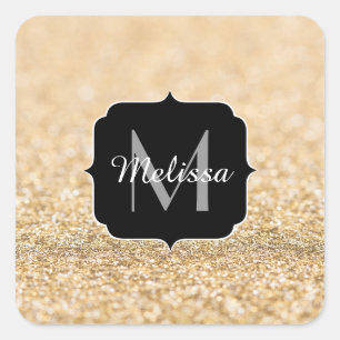 Champagner-Gold-Kunststoff-Glitter-Funken Monogram Quadratischer Aufkleber