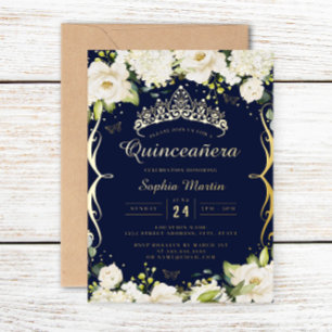 Champagner Gold Marine Blumenranken Quinceanera Folieneinladung