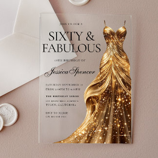 Champagner Goldkleid Sixty & Fabulous 60. Geburtst Acryleinladungen